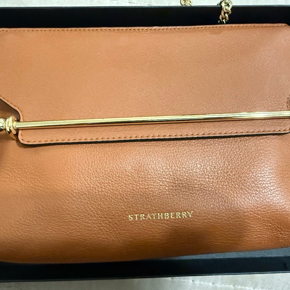 Strathberry Stylist Crossbody Leather Clutch in Chestnut Brown